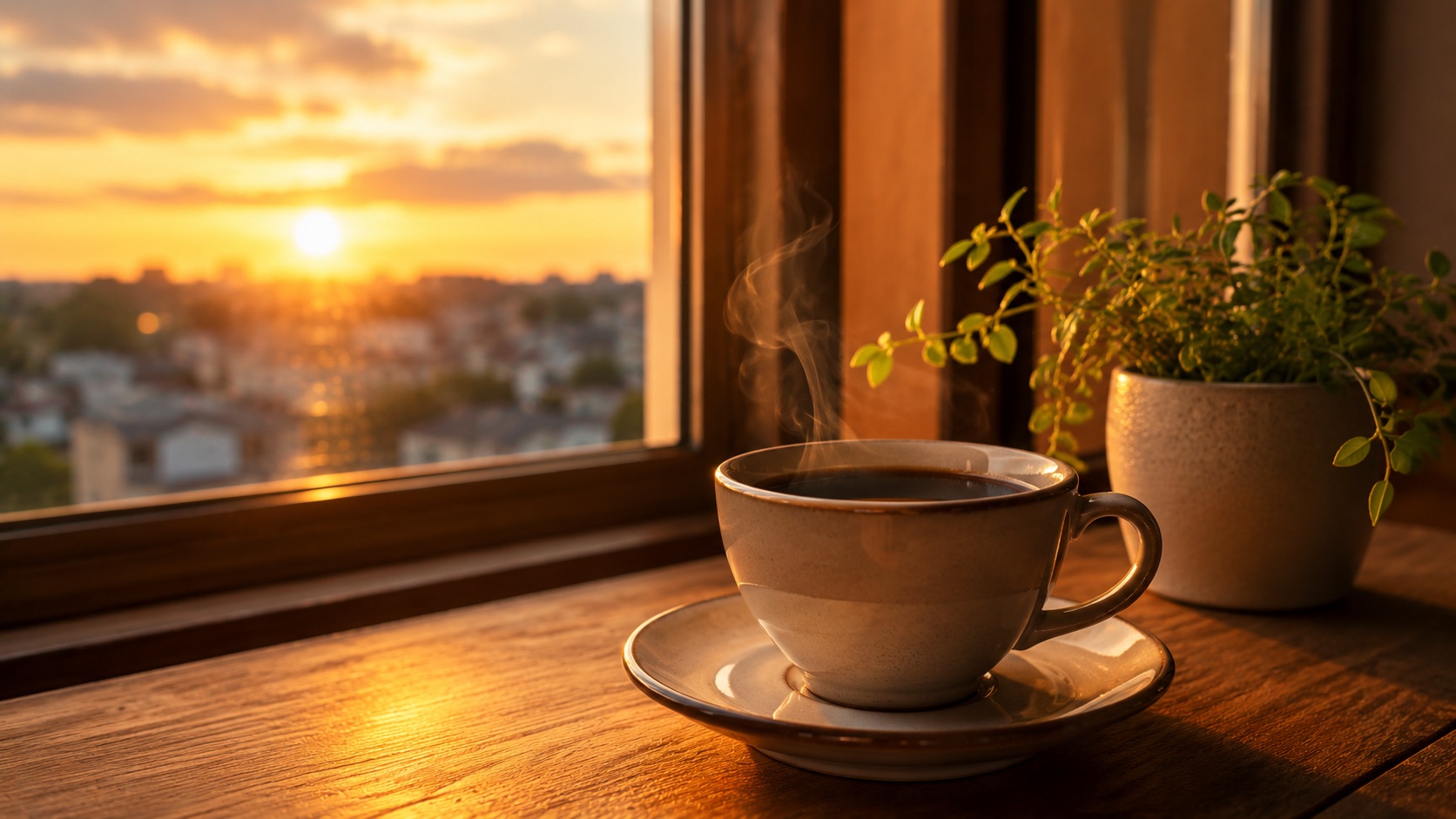 夕暮れの窓辺に置かれた一杯のコーヒー——「カフェインは何時まで？」夕方以降の一杯を見直すイメージ