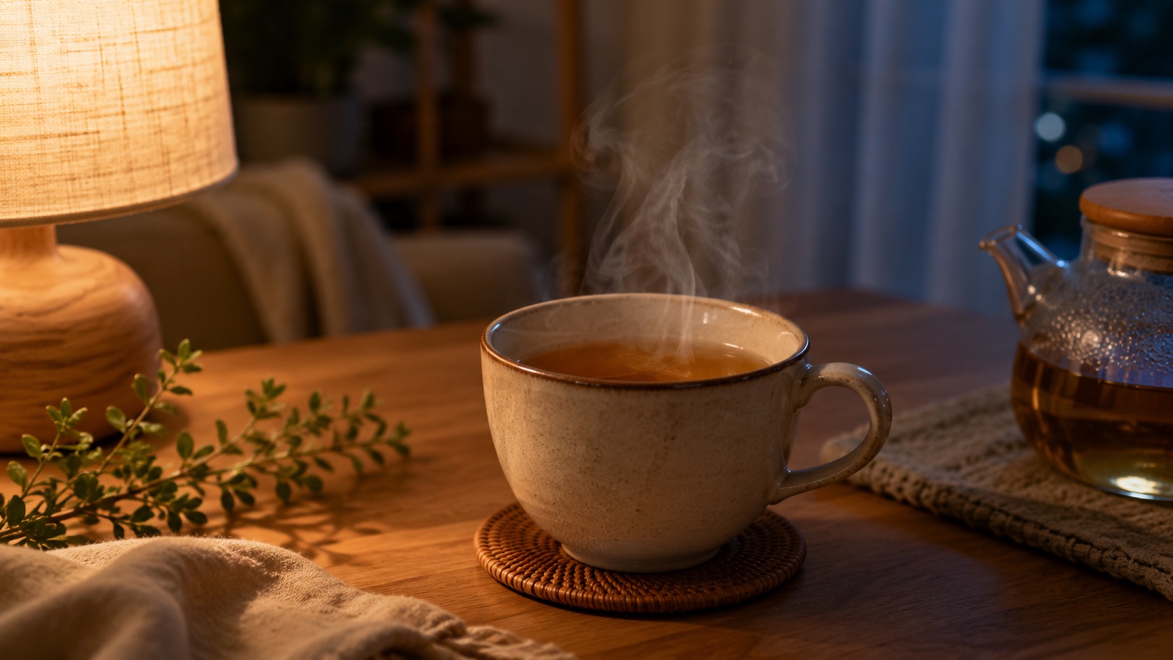 夜のテーブルに置かれたカフェインレスの温かいお茶——午後〜夜の「置き換え」のイメージ