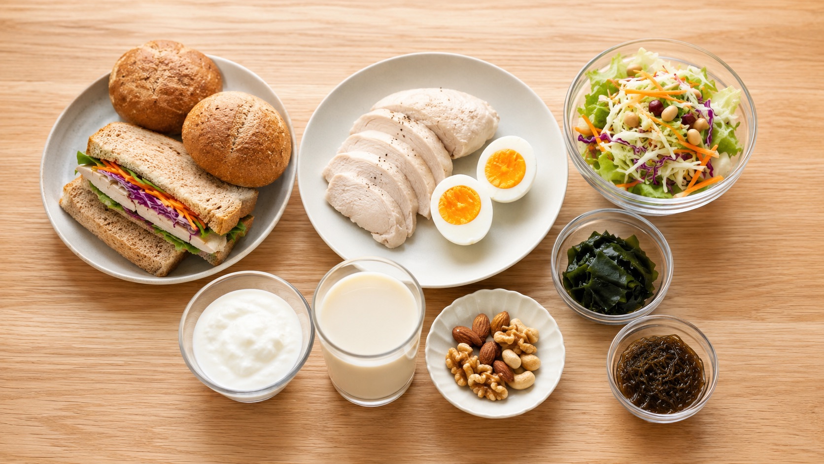全粒粉パン・蒸した鶏むね肉・ゆで卵・カット野菜サラダ・海藻・無糖ヨーグルト・豆乳など、コンビニで買える食材を「主食＋たんぱく質＋野菜」の組み合わせで並べた俯瞰写真