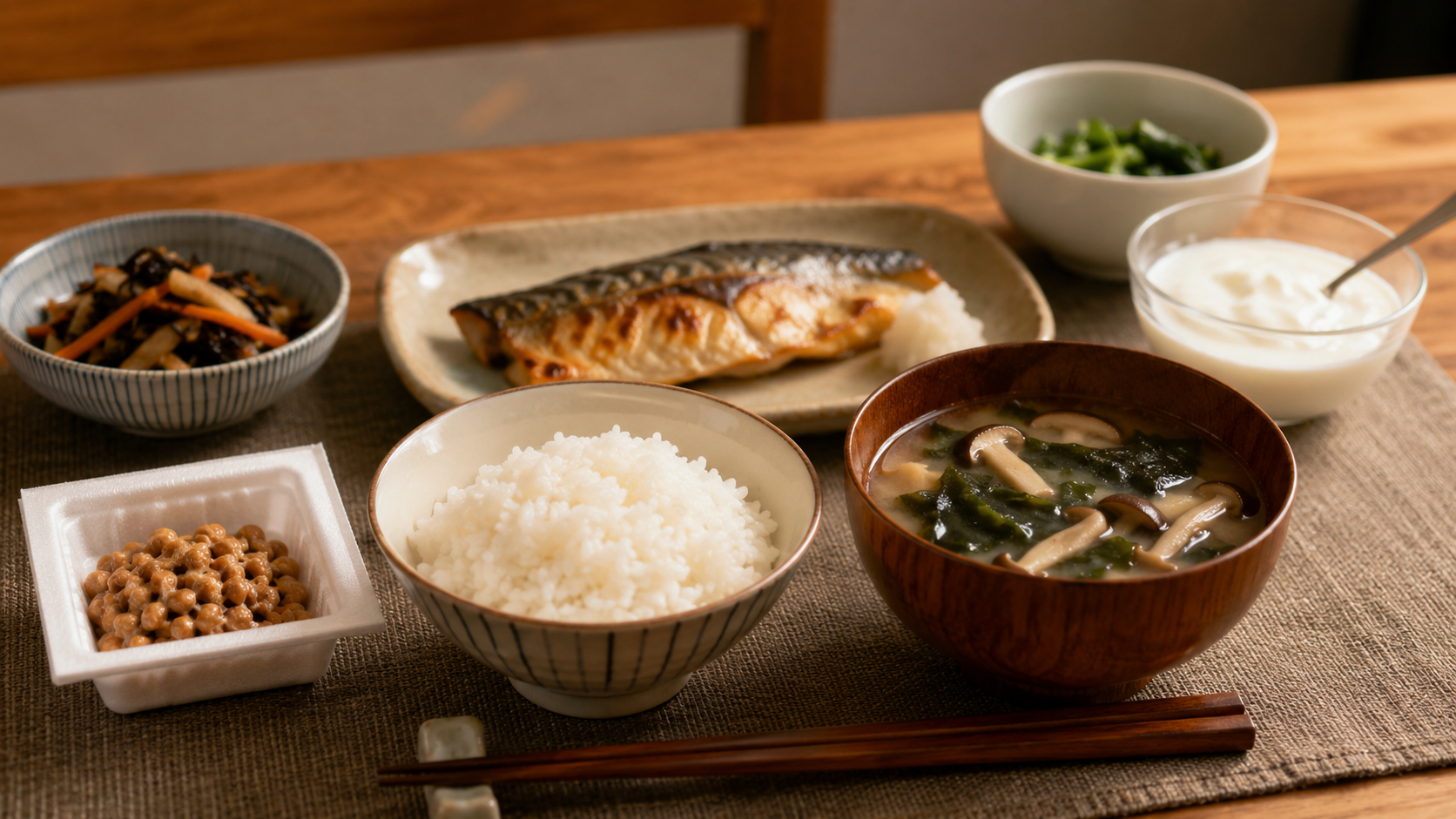 いつもの夕食に納豆1パックとわかめときのこの味噌汁を1品足した食卓――今日からできる腸活の最初の一歩のイメージ