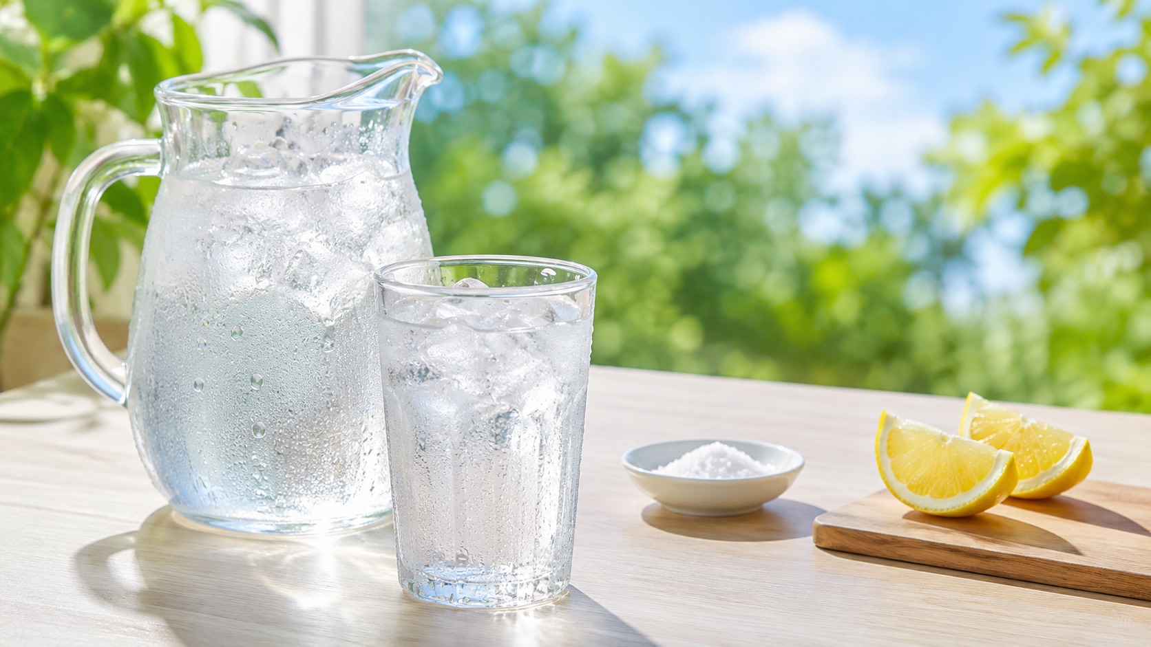 夏の水分補給をイメージした、氷入りの冷たい水のピッチャーとグラス、傍らに塩とレモンを置いた明るい食卓