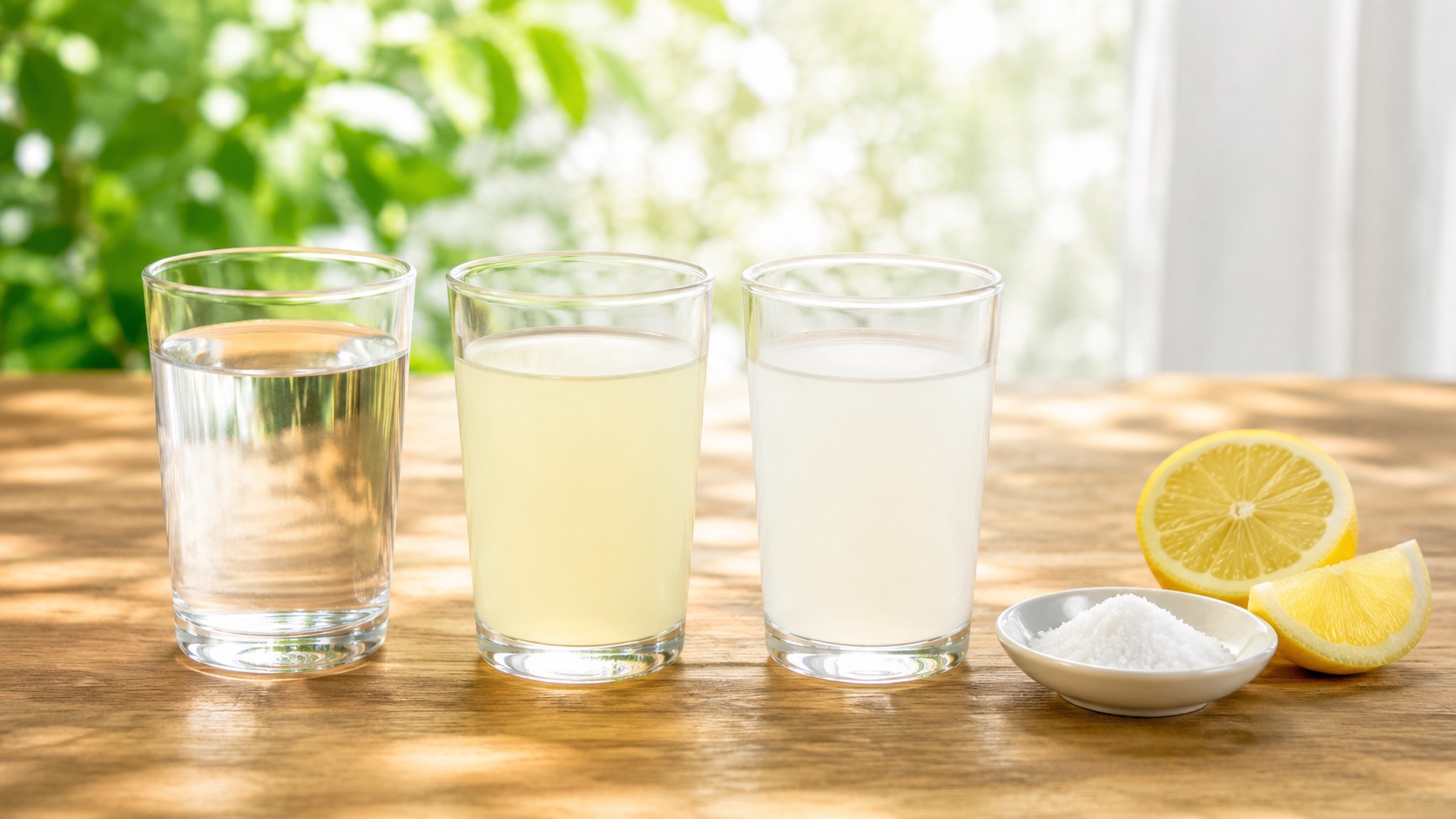 水・スポーツドリンク・経口補水液をイメージした3つの飲みものと塩