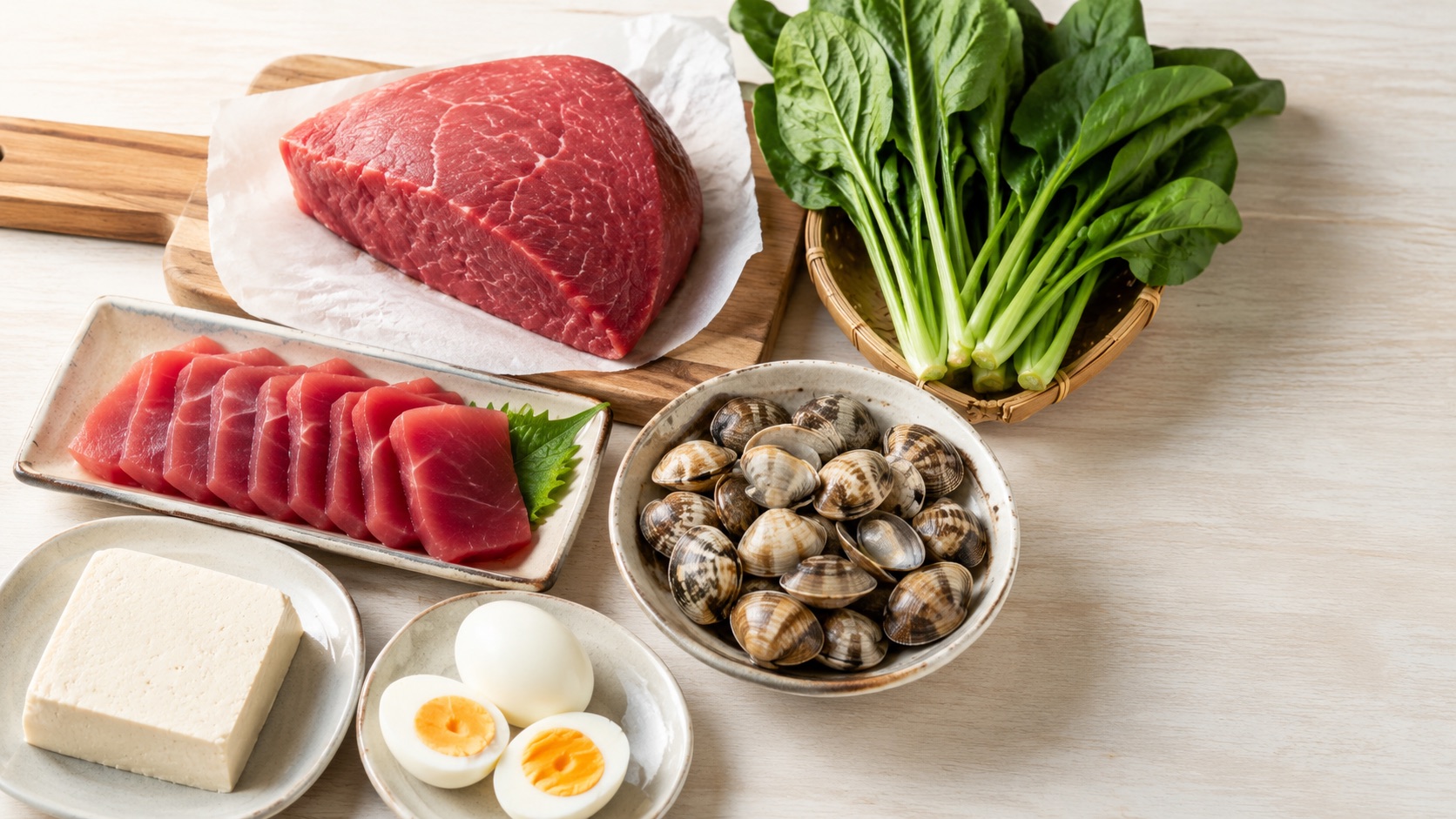 鉄分を多く含む食材（赤身肉・かつお・あさり・小松菜・豆腐・ゆで卵）を俯瞰で並べた写真