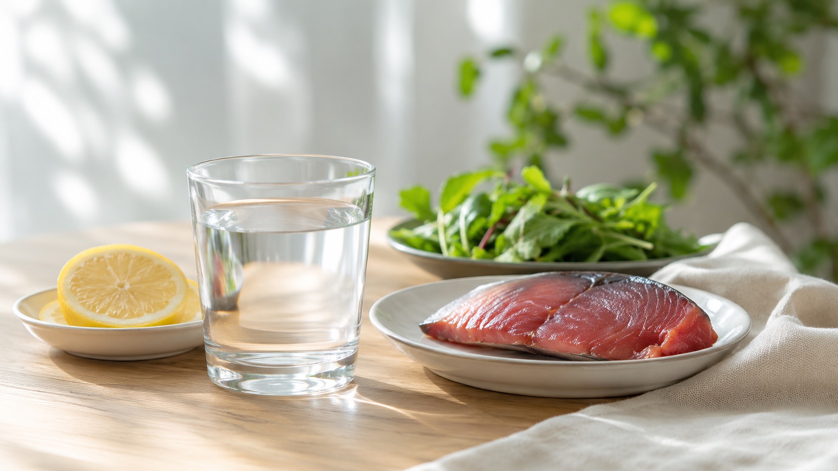 水のグラスとレモン、赤身の魚や野菜が並ぶ穏やかな朝の食卓のイメージ
