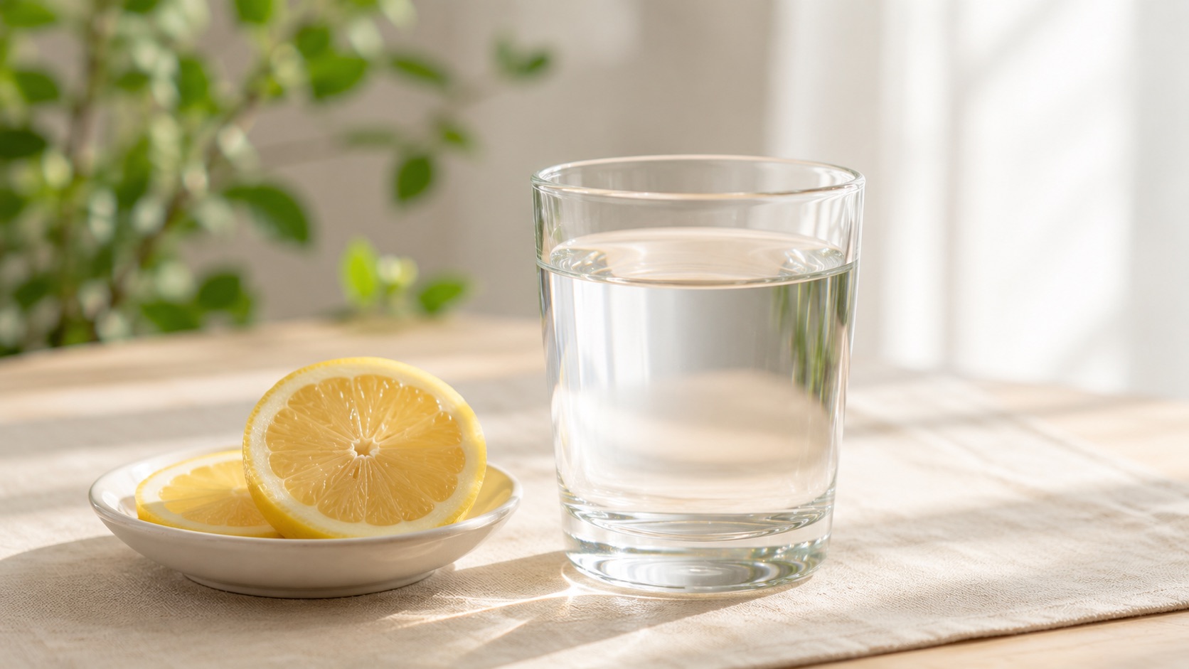 水のグラスとカットレモンを添えた、落ち着いた静物のイメージ