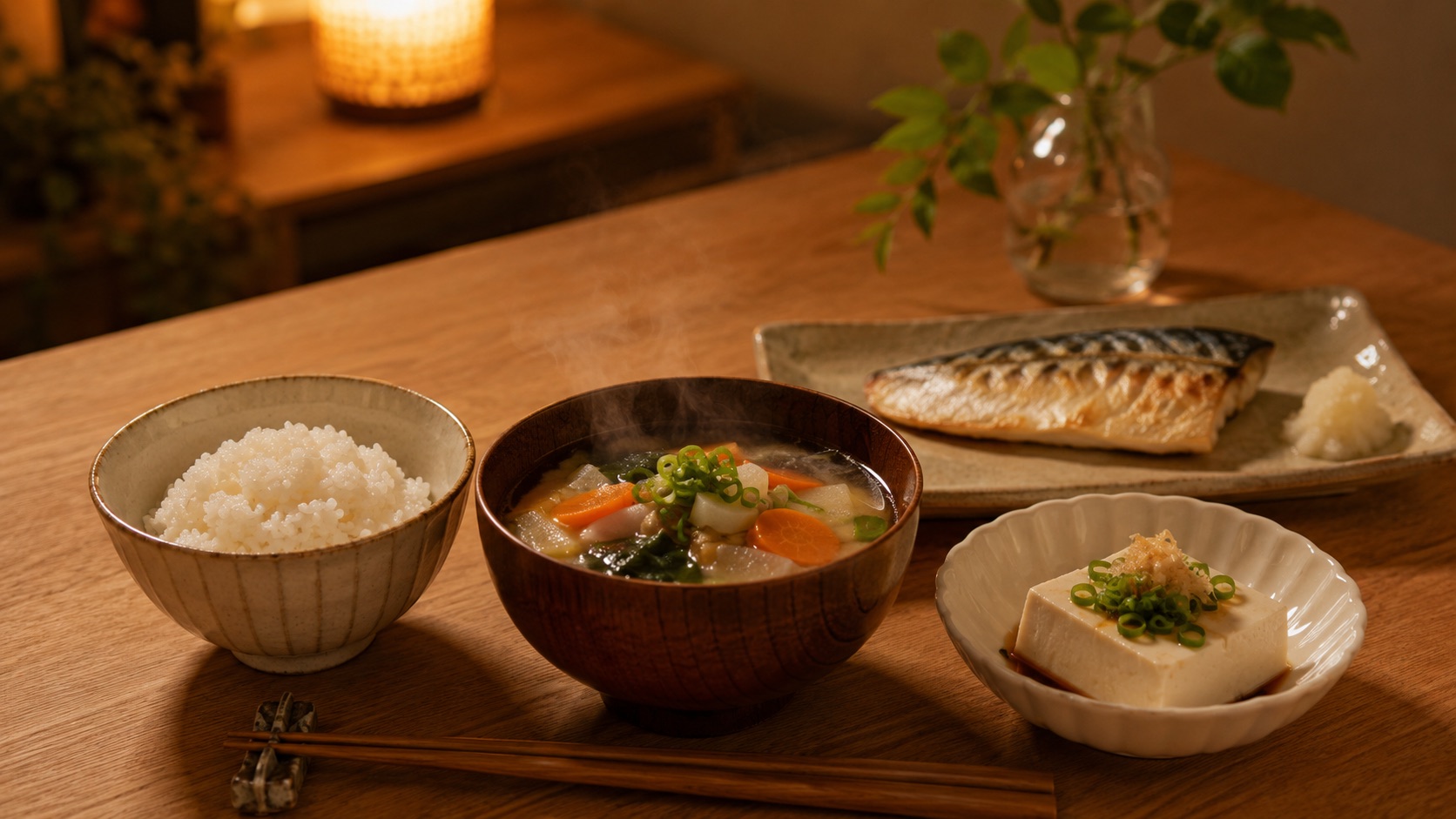 夜遅い時間の食卓に並んだ具だくさん味噌汁・冷奴・焼き魚・野菜の小鉢——遅い夕食でも整えやすい軽めの組み合わせ