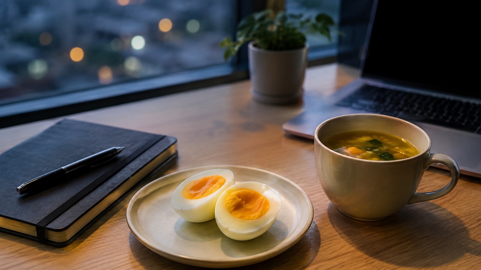 夕方のデスクに置かれたゆで卵とスープ——帰宅後のドカ食いを防ぐ「分食」の最初の一歩のイメージ