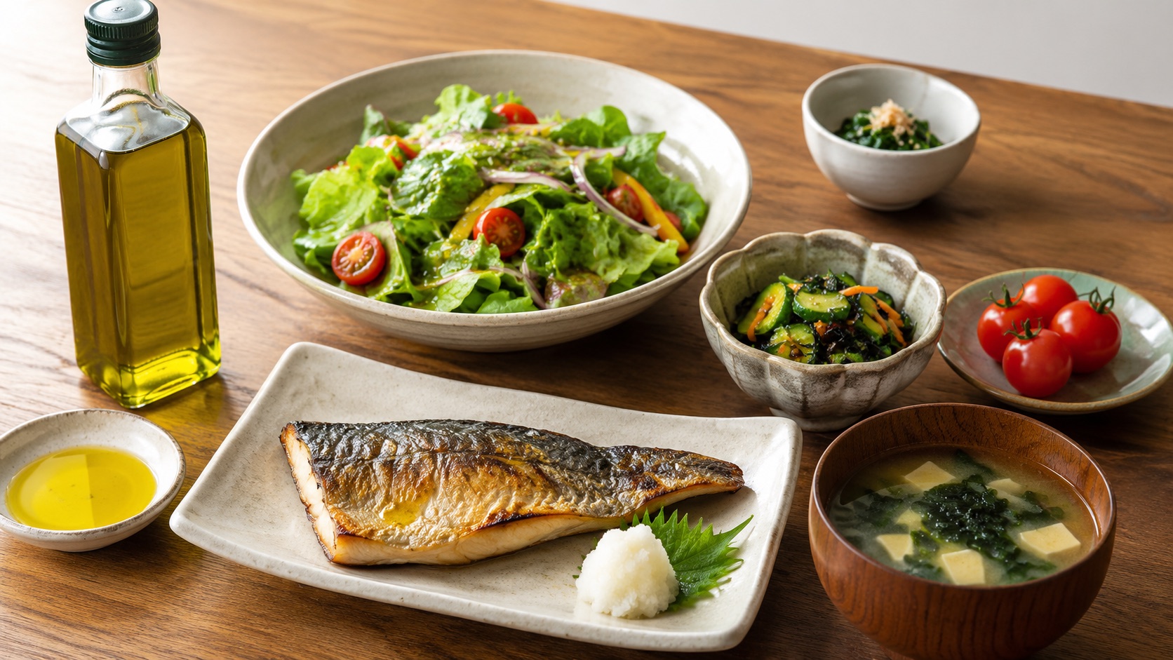 和食の食卓にオリーブオイル・野菜サラダ・焼き魚を取り入れた一例——和食と地中海食の良いとこ取りのイメージ
