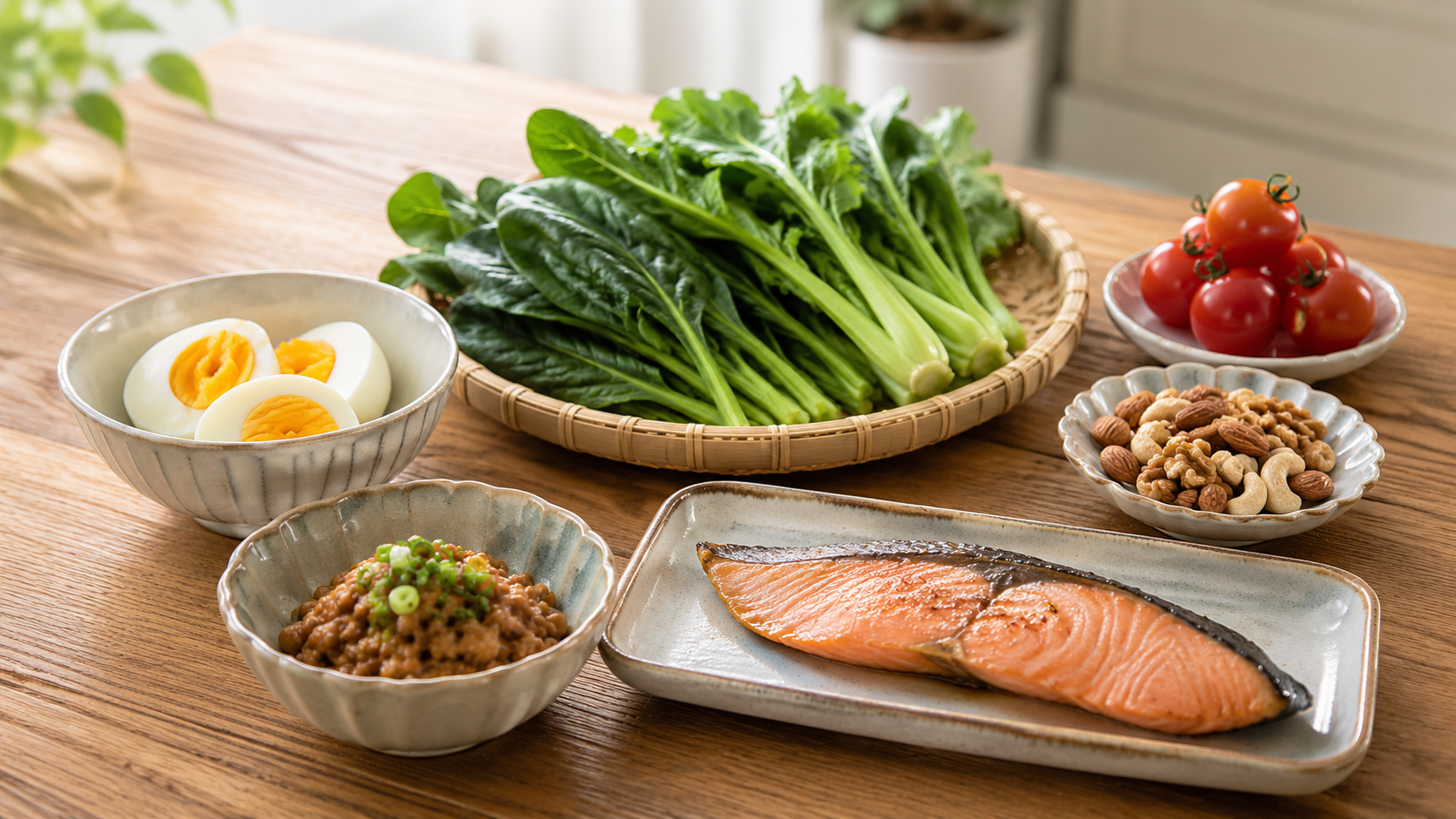 ゆで卵・納豆・鮭・ほうれん草・トマト・ナッツなど彩りのよい食材が並んだ食卓——疲れやすさに関わる栄養素を含む身近な食材のイメージ