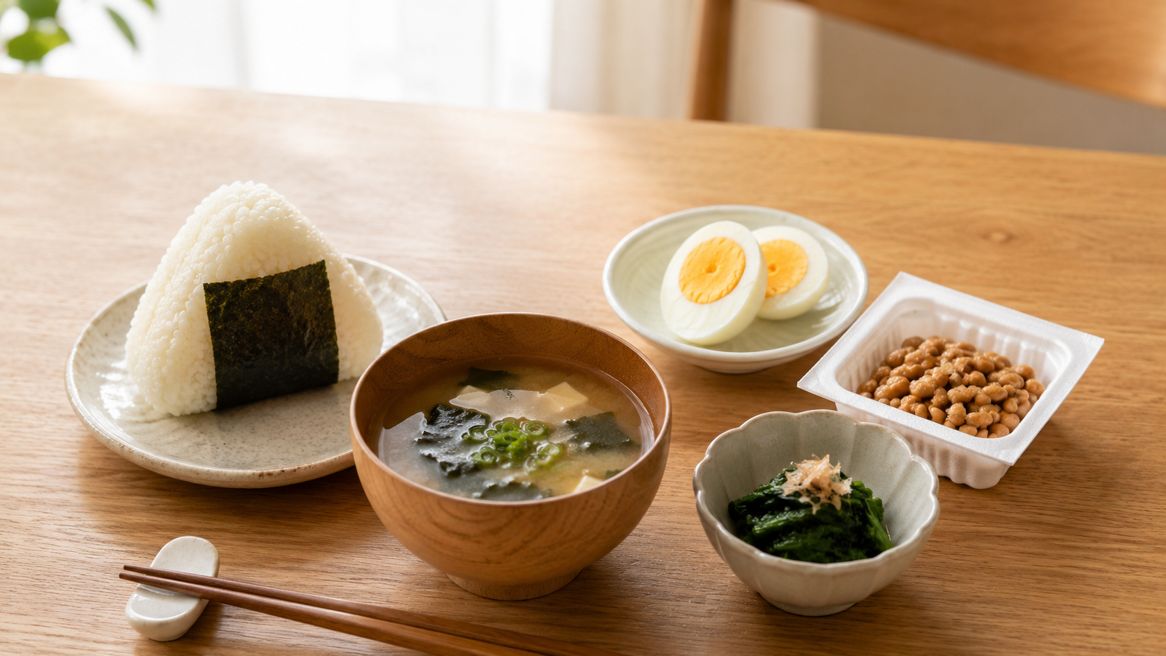 おにぎりと味噌汁の食事に添えられたゆで卵・納豆・ほうれん草のおひたし——コンビニでも揃う一品をいつもの食事に足すイメージ