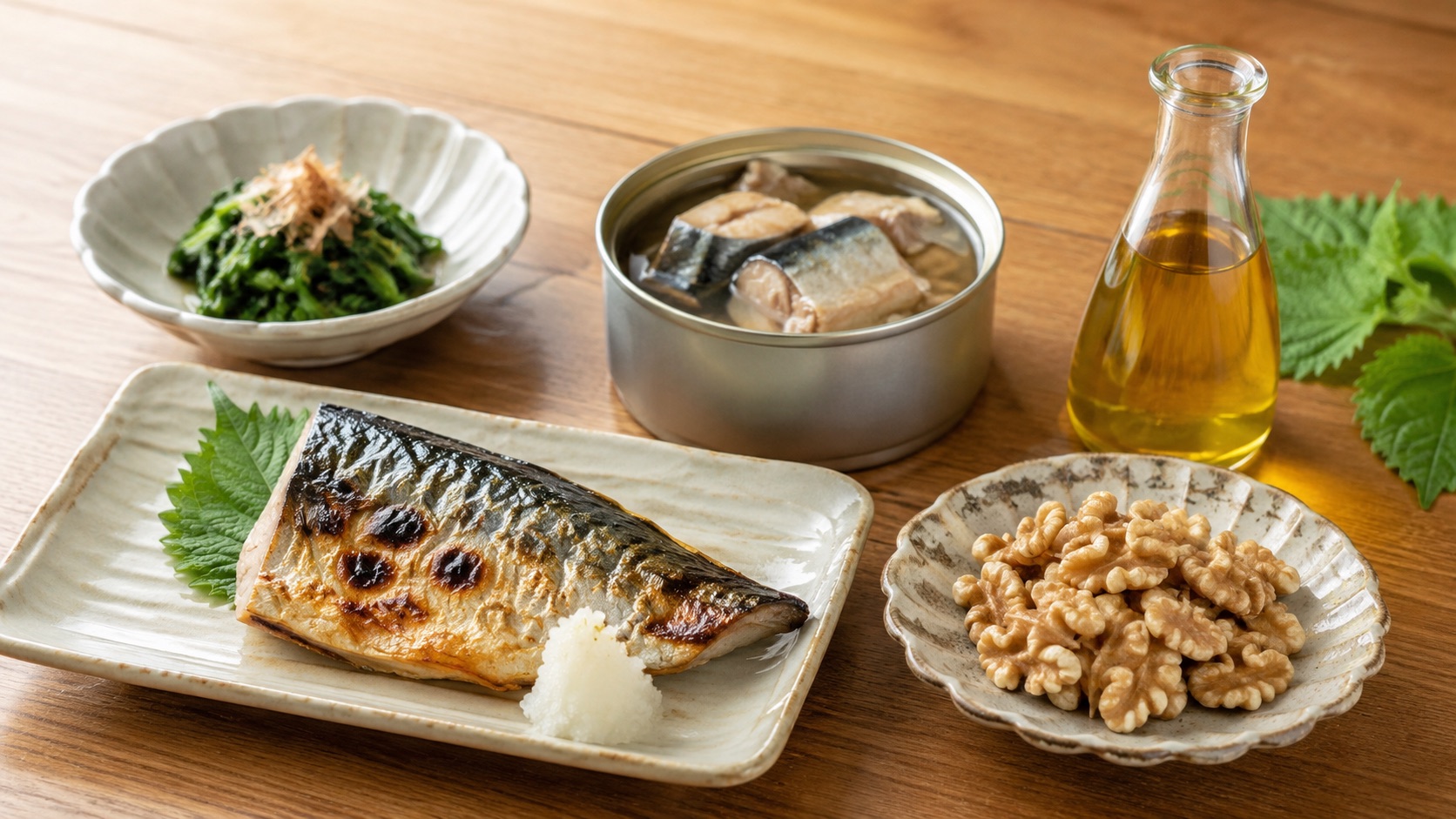 焼き魚・さば水煮缶・えごま油・くるみなど、日常で取り入れやすいオメガ3食品の一例