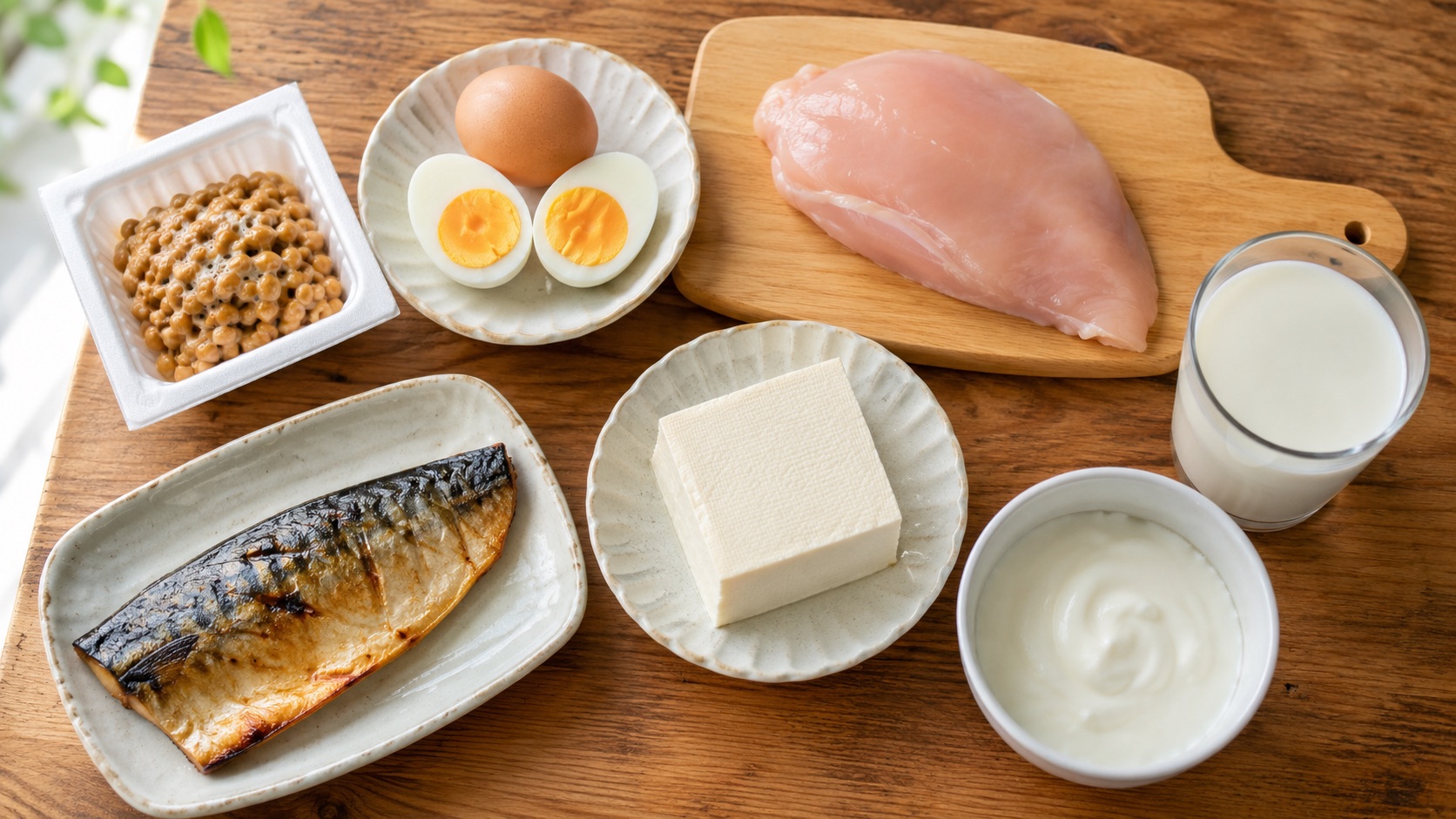 卵・鶏むね肉・納豆・豆腐・魚・乳製品など、たんぱく質を多く含む身近な食材を並べた食卓の俯瞰写真