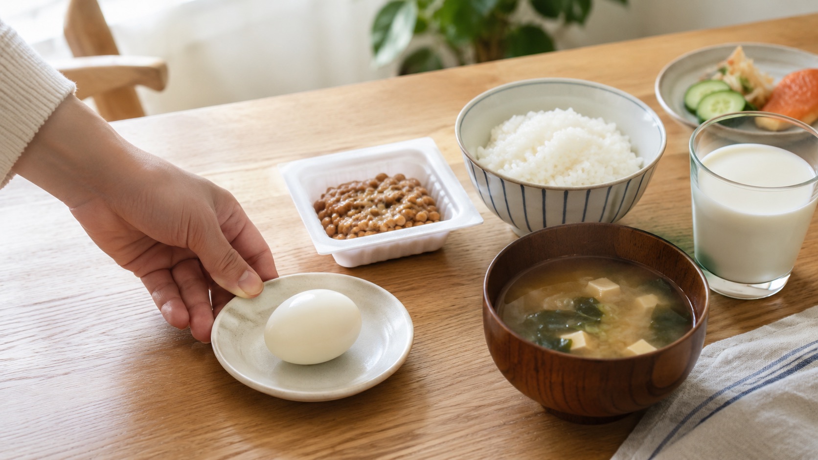 いつもの朝食にゆで卵1個と納豆1パックを足している食卓——今日からできる手軽なたんぱく質の摂り方の最初の一歩