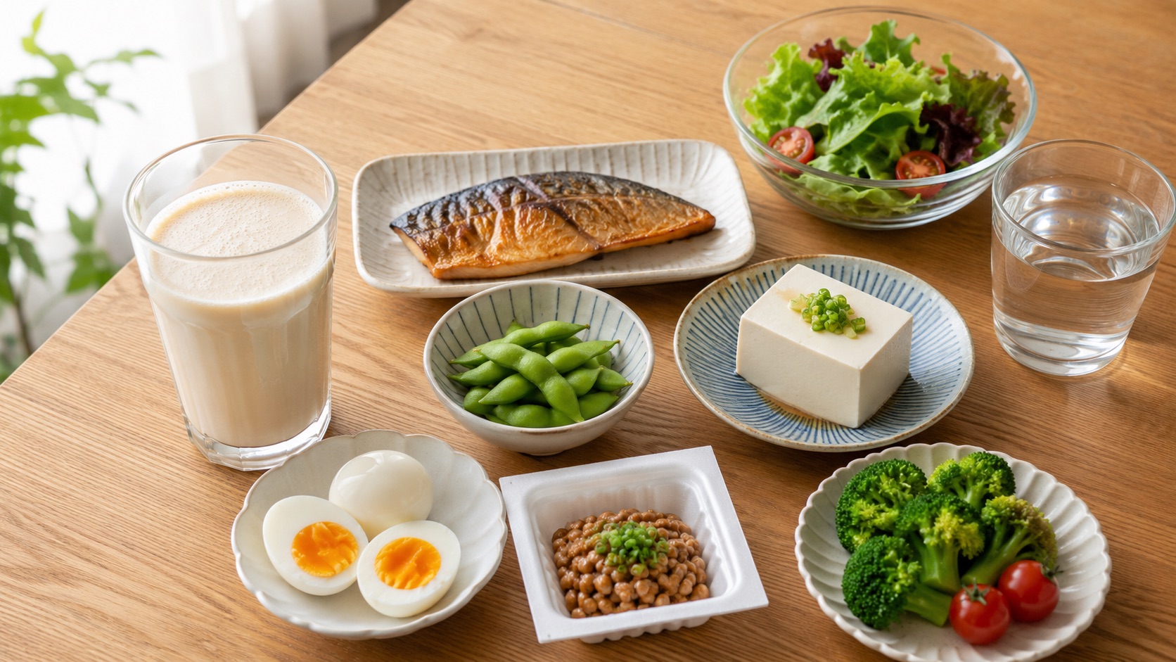 プロテインシェイク1杯と、魚・卵・豆腐・枝豆・納豆・野菜・水を並べたバランスのよい食卓の俯瞰写真