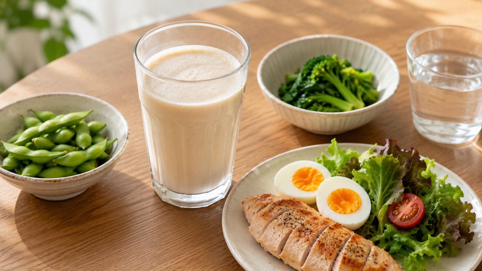 プロテインシェイク1杯に、鶏肉や魚・ゆで卵・枝豆・野菜・水を控えめに添えた食卓——食事と合わせて適量にする実践のイメージ