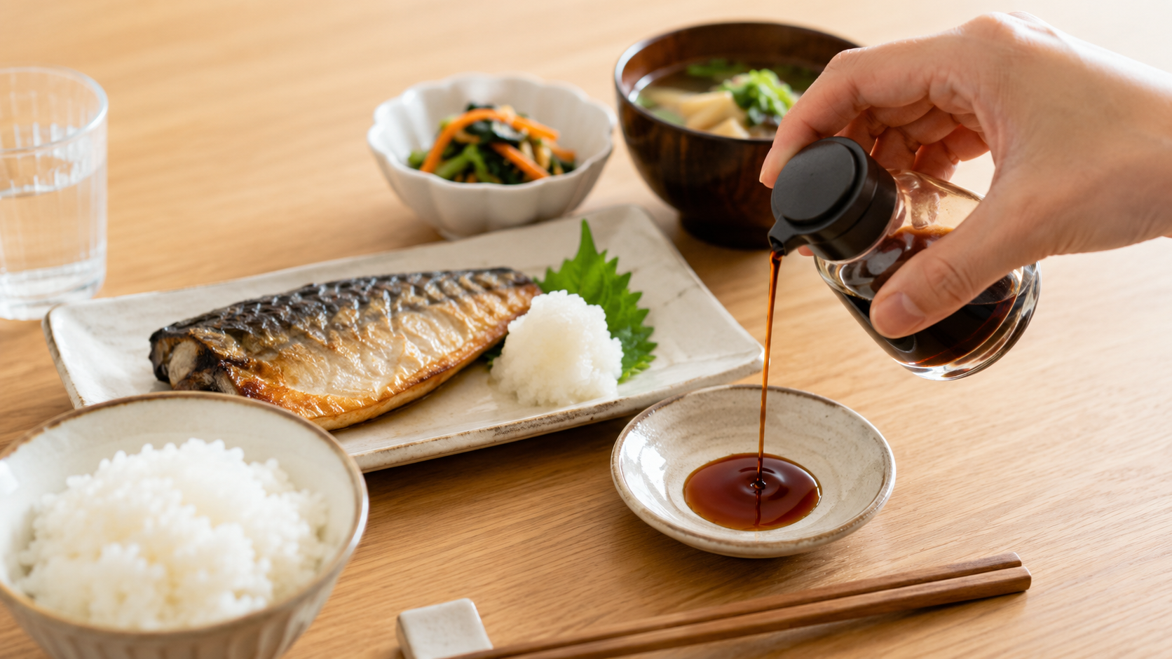 しょうゆを料理にかけずに小皿に注いでつける——今日からできる減塩の第一歩のイメージ