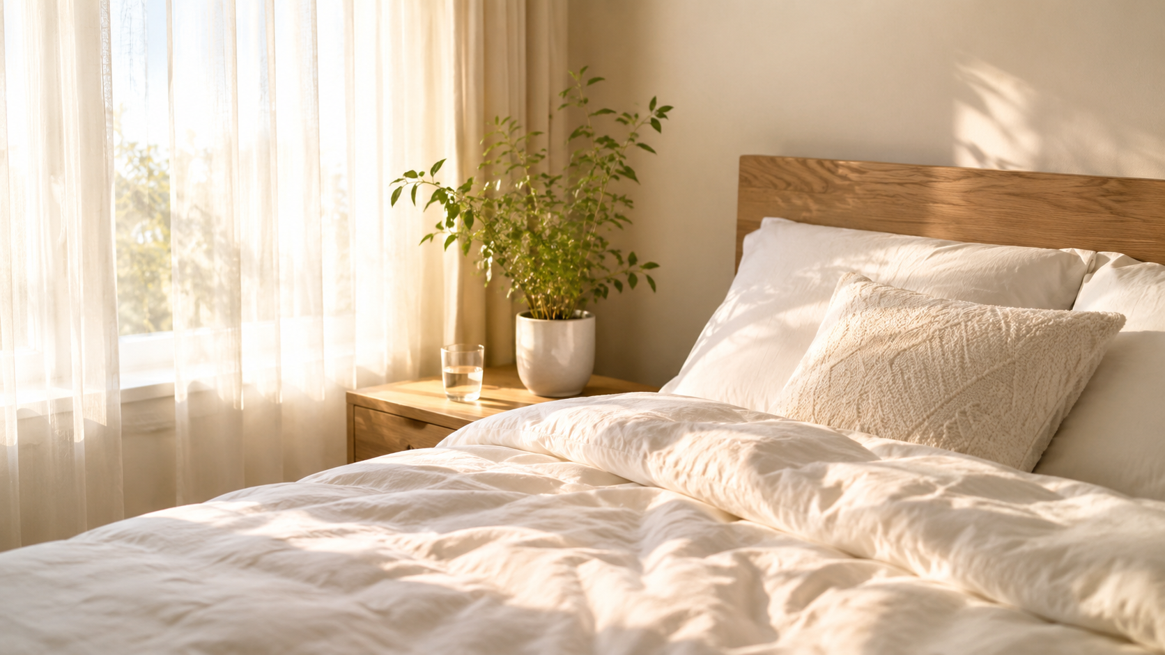 朝日が差し込む整った寝室のベッドとカーテン——睡眠の質を整えて疲れを回復させる生活のイメージ