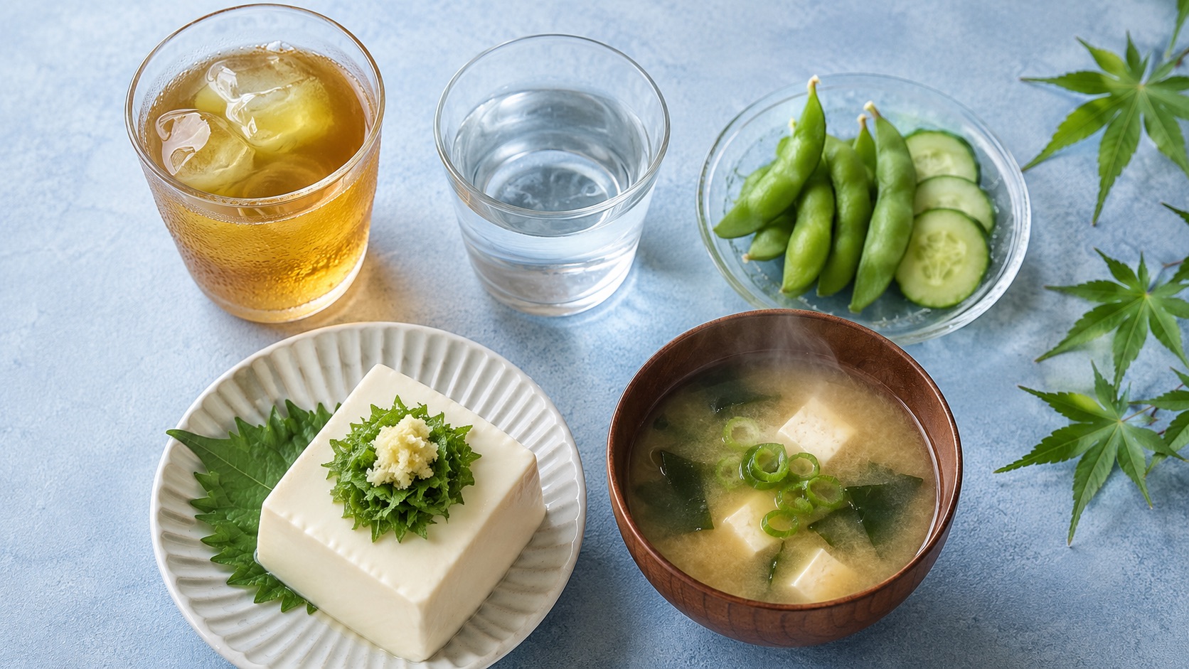 冷たい麦茶と常温の水、温かいみそ汁、薬味をのせた冷奴や枝豆を並べた、冷たいものにかたよらない夏の食卓の俯瞰写真