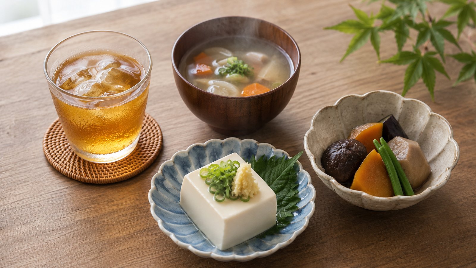 冷たい麦茶のとなりに温かいスープを添え、薬味をのせた冷奴と煮野菜を並べた、冷たいものにかたよらない夏の食べ方の一例