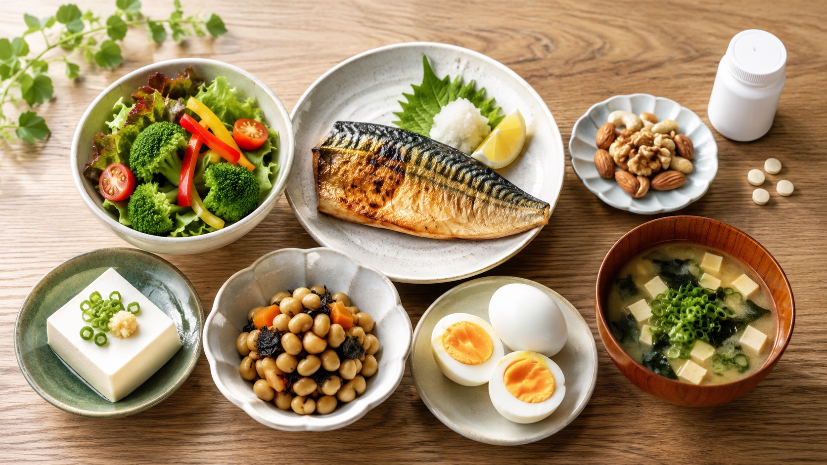 野菜・魚・卵・豆腐・大豆など栄養バランスのよい食事を中心に大きく並べ、隅に小さくサプリのボトルを添えた食卓の俯瞰写真（サプリより食事が基本というイメージ）