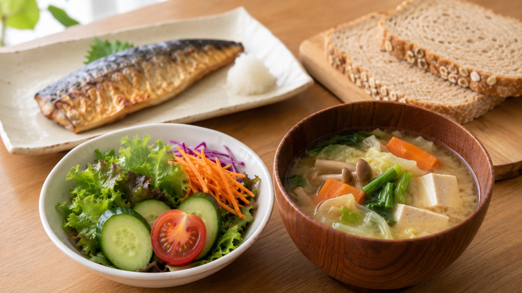 手前にサラダの小鉢と具だくさんの味噌汁、奥に魚と全粒パンを置き、野菜・汁物から先に食べる実践イメージを表した食卓写真