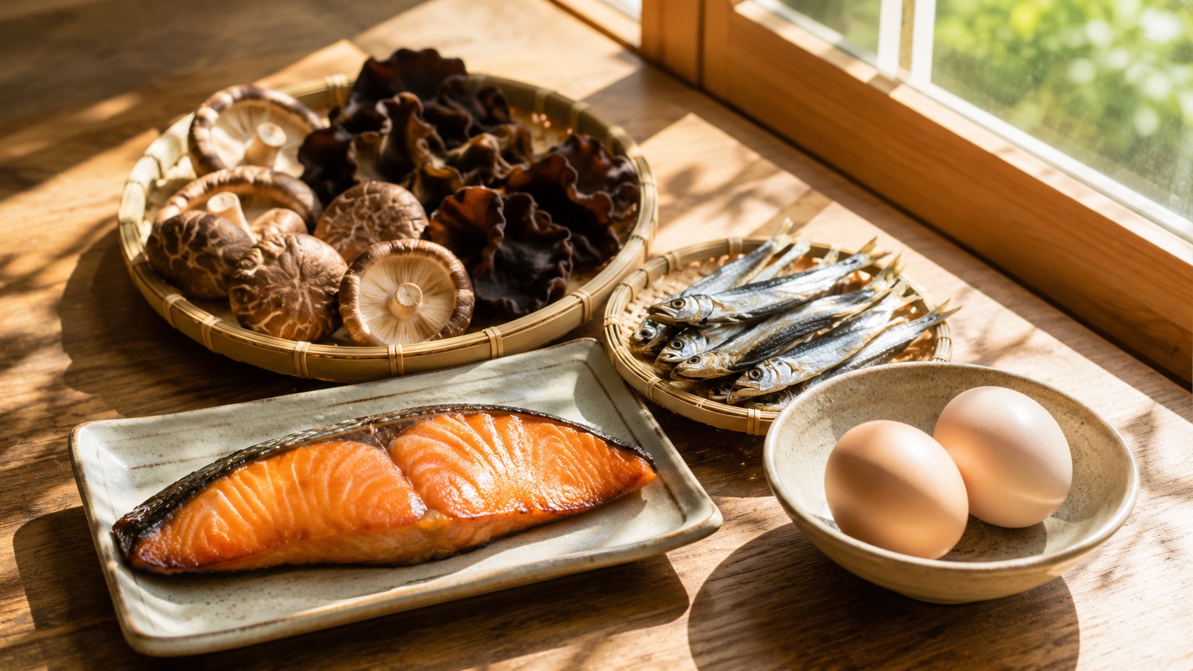日光が差し込む窓辺に並んだ鮭・きのこ・卵など、ビタミンDを多く含む食品——食事と日光という2つの供給源のイメージ