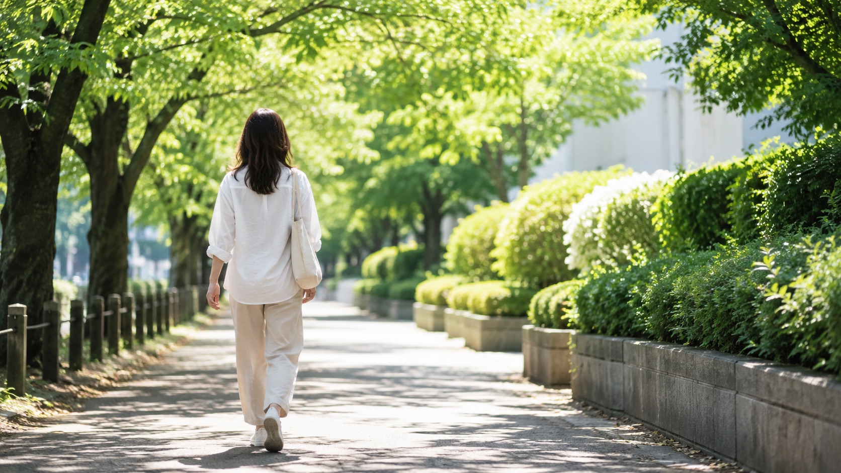 木漏れ日の道を後ろ姿で歩く人——日中の短い屋外時間で日光からビタミンDをつくるイメージ