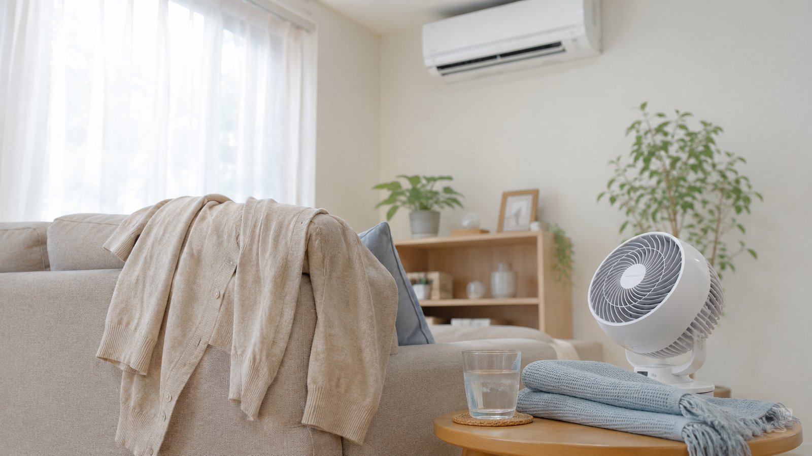 エアコンの効いた夏の部屋に、薄手のカーディガンとサーキュレーター、水のグラスを配した、冷やしすぎず快適に過ごす室内の写真