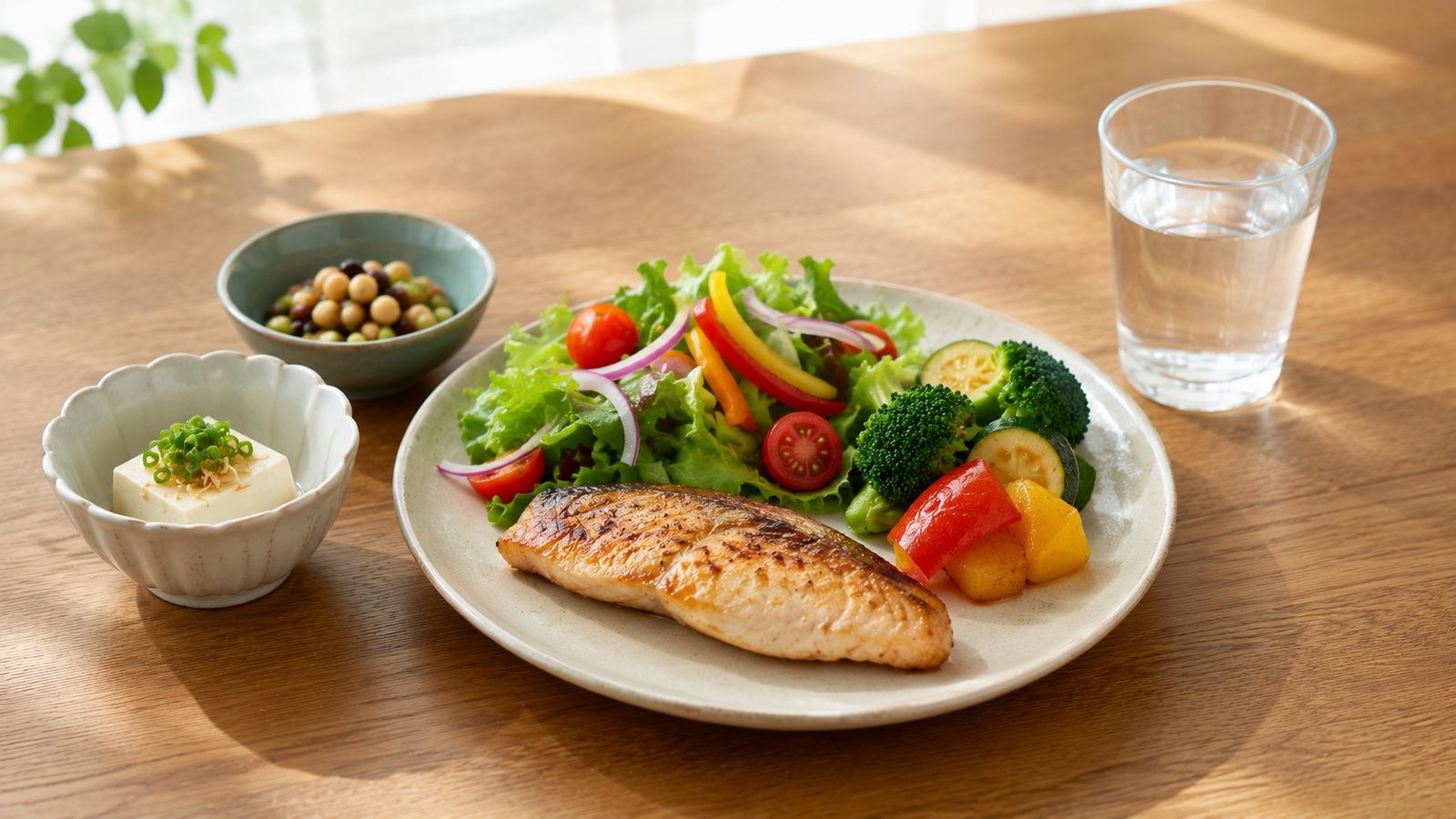赤身魚や鶏肉・たっぷりの野菜・豆腐・水を組み合わせた、極端に制限しないバランスのよい一皿。現実的に続く食事のイメージ
