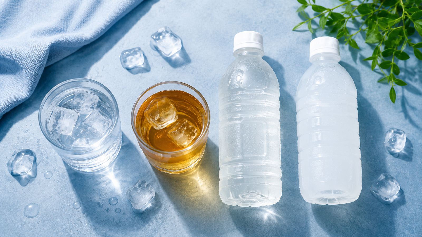 水・麦茶・スポーツドリンク風・経口補水液風のボトルを並べた、夏の飲み物の使い分けを表す俯瞰写真