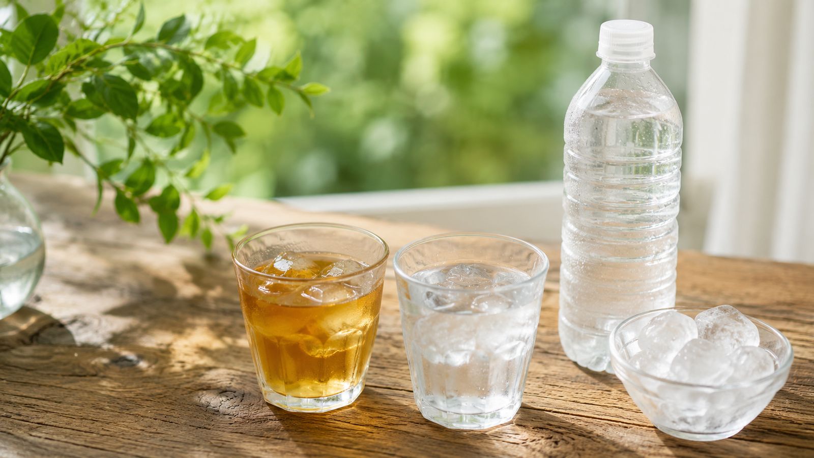 冷たい麦茶と水のグラス、ラベルのないボトルを並べた、日常の水分補給は水・麦茶を基本にするイメージ
