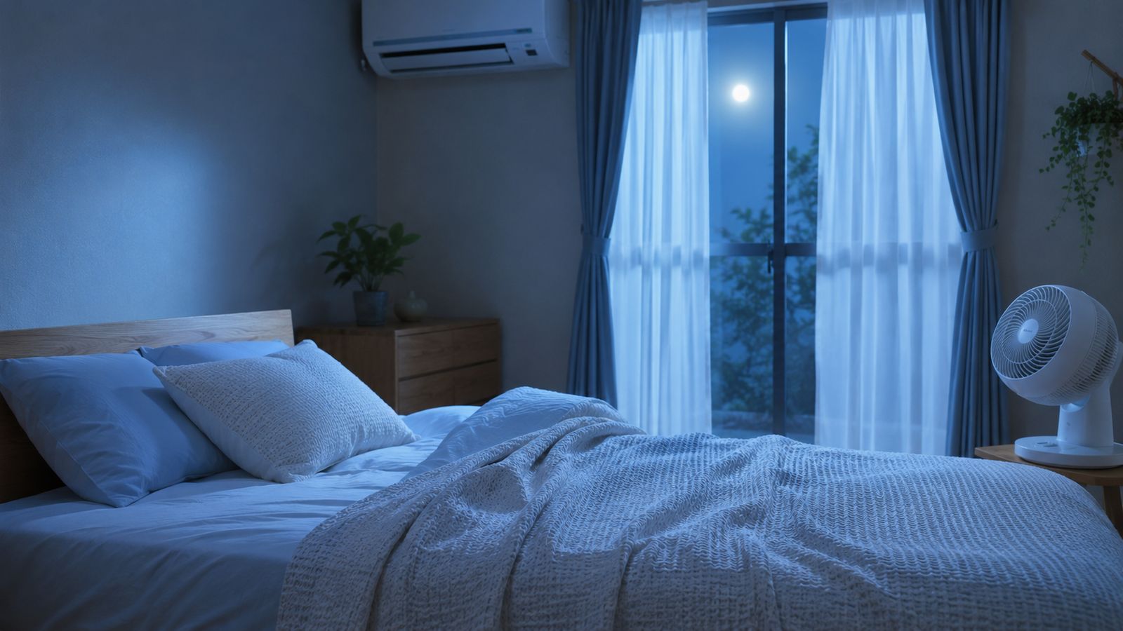 夜、寝室で扇風機と冷房を使いながら眠りやすい環境を整えるイメージ