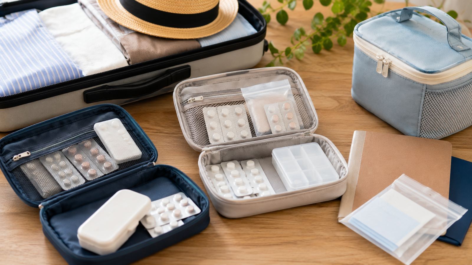 薬とお薬手帳を、手荷物用と予備用の2つのポーチに分けて詰めている荷造りの様子。予備を含めて分けて持つ携行の工夫のイメージ