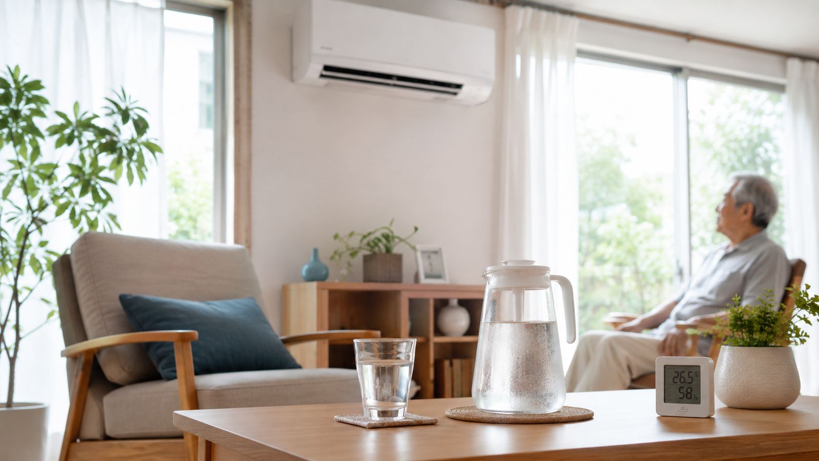 エアコンと温度計、水の入ったグラスと水差しが置かれた、明るく涼しい夏のリビング。高齢の家族が快適に過ごせるよう見守られた室内のイメージ