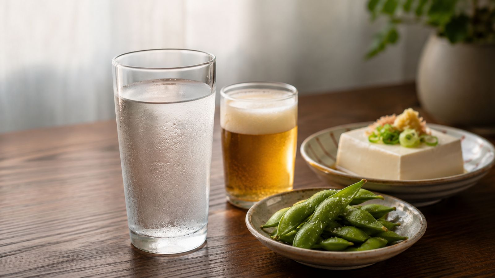 水のグラスを主役に、小さめのビールと枝豆・冷奴を添えた写真。お酒の合間に水をとり、食事と一緒に飲むイメージ