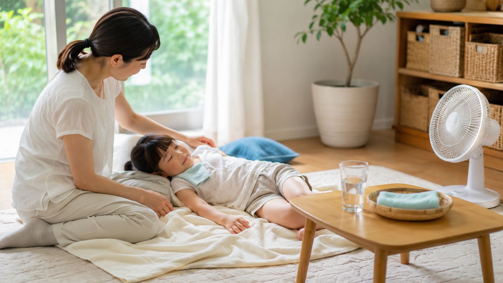 涼しい室内で休む子どものそばに、水と冷たい濡れタオルを用意して見守る親のイメージ。熱中症の応急処置は涼しい場所で休ませ体を冷やすのが基本
