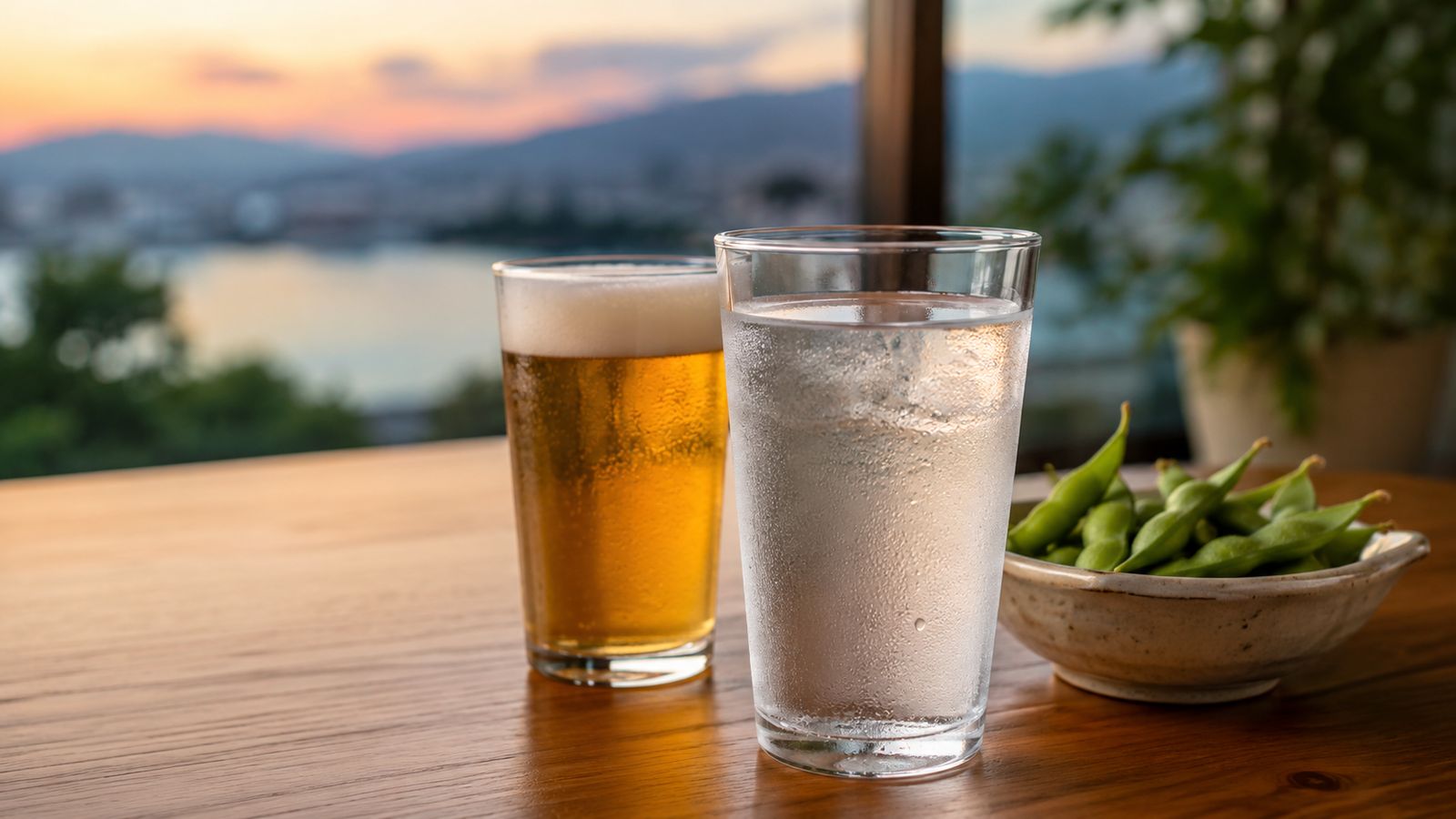 ビールのグラスのとなりに水のグラスを目立つように置き、枝豆を添えた写真。お酒と一緒に水をとる和らぎ水のイメージ