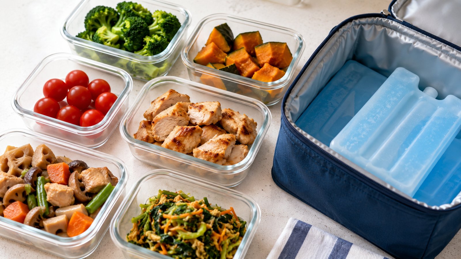 調理したおかずを浅い保存容器に小分けし、保冷剤と保冷バッグを添えた、夏の食中毒予防（早く冷ます・小分け・保冷）を表す清潔な台所の俯瞰写真