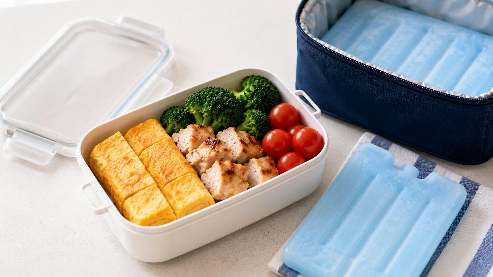 ごはんを入れずおかず（完全に火を通した卵焼き・鶏肉・ブロッコリー等）を詰め、保冷剤と保冷バッグを添えた夏のお弁当。よく冷ましてから・水気を切って・冷やして持たせる工夫の一例